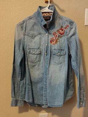 Embroidered Light Blue Denim Western Shirt